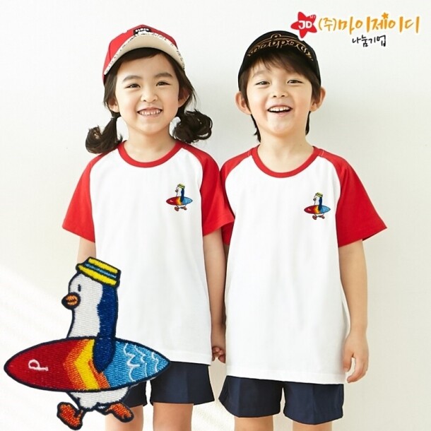 T셀파몰,국산 순면 30수 나그랑 티셔츠 면티 반팔 야구티 _고급 와펜자수 써핑펭귄(아동성인)